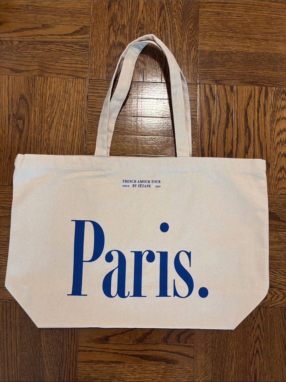 Sezane Natural Canvas Tote with Blue 'Paris' and ‘New York’ Print